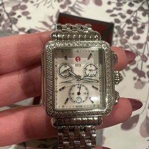 Michele silver square watch with diamonds